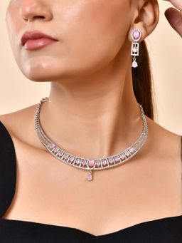 VOJ - Silver Toned Baby Pink Cz Stone Studded Designer Necklace Set