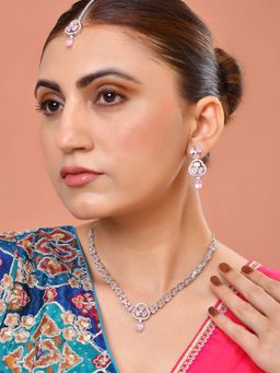 VOJ - Silver Plated Baby Pink Stone Studded Ad Jewellery Set