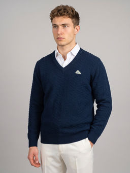 Monte Carlo - Navy Blue Regular Fit Full Sleeve V-Neck Woven Sweater