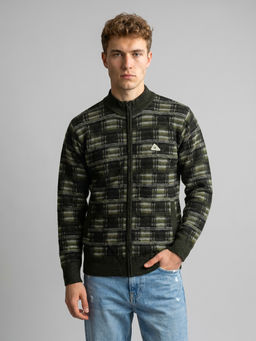 Monte Carlo - Olive Regular Fit Full Sleeve Check Sweater