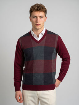 Monte Carlo - Maroon Regular Fit Full Sleeve V-Neck Woven Sweater