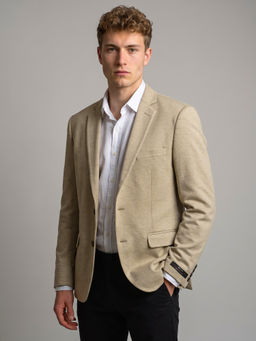 Monte Carlo - Beige Regular Fit Full Sleeve Lapel Collar Solid Blazer