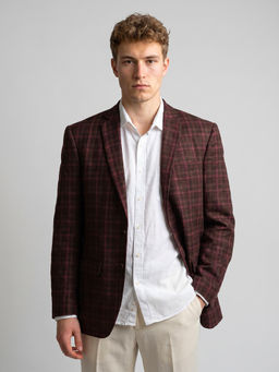 Monte Carlo - Maroon Regular Fit Full Sleeve Lapel Collar Checks Blazer