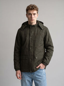 Monte Carlo - Olive Regular Fit Full Sleeve Detachable Hood Solid Parka Jacket