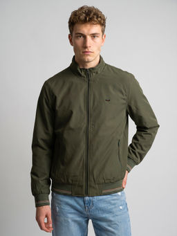 Monte Carlo - Olive Regular Fit Full Sleeve Collared Solid Bomber Jacket