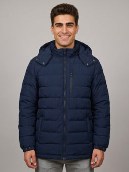 Monte Carlo - Navy Blue Regular Fit Detachable Hood Full Sleeve Solid Puffer Jacket