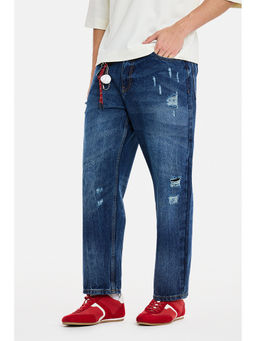 Snitch - Dark Blue Knee Rips Loose Casual Jeans