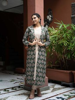 WEAVLLITE - Olive Green Pure Cotton Block Printed Kurta (Set of 3)