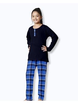 FUNKRAFTS - Girls Full Sleeves Checks Printed T-Shirt & Pyjama Blue (Set of 2)