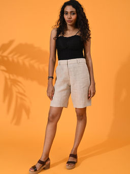 Maba India - Female Linen Beige High Waist Shorts