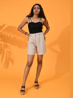 Maba India - Female Linen Beige Turn Up Shorts