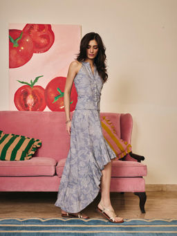 Old Marigold - Women Linen Blue Floral Skirt
