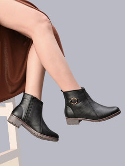 XE Looks - Black Side Zip Cushioned Low Block Heel Ankle Boots