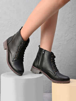 XE Looks - Black Lace Up Side Zip Cushioned Low Block Heel Ankle Boots