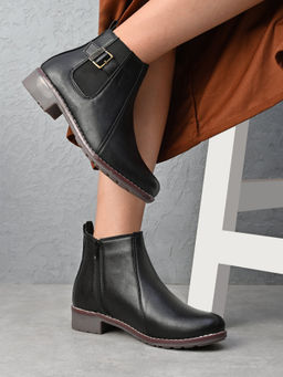 XE Looks - Black Buckle Accent Side Elastic Low Block Heel Ankle Boots