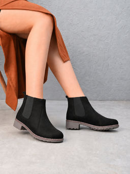 XE Looks - Black Side Elastic Cushioned Low Block Heel Ankle Boots