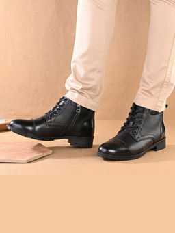 Valentino - Women Premium Leather Black Lace-Up Ankle Police Boot