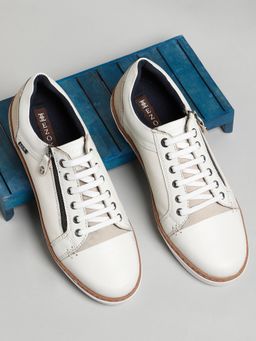 EZOK - Men White Lace Up Solid Leather Sneakers