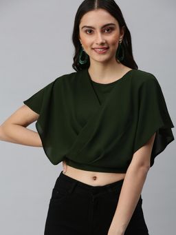 SHOWOFFFF - Women Round Neck Flare Sleeves Solid Olive Crop Top