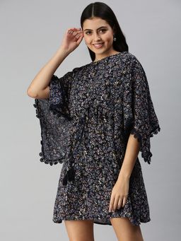 SHOWOFF - Women Navy Blue Floral Boat Neck Dress