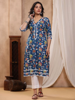 Baisacrafts - Bahaar Blue Block print Kurti with Crochet lace
