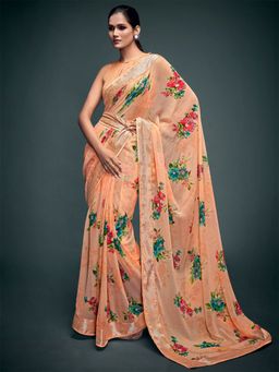 Odette - Womens Georgette Peach Printed Saree with Unstitched Blouse
