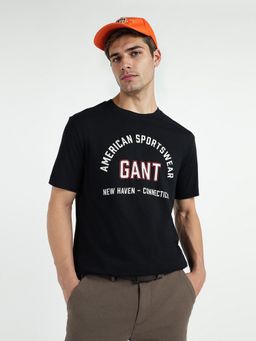 GANT - Men Black Pure Cotton Logo Crew Neck T-Shirt
