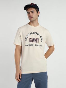 GANT - Men Cream Pure Cotton Logo Crew Neck T-Shirt