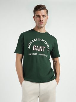 GANT - Men Dark Green Pure Cotton Logo Crew Neck T-Shirt