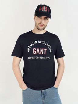 GANT - Men Navy Blue Pure Cotton Logo Crew Neck T-Shirt