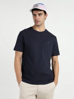 GANT - Men Navy Blue Tonal Shield Pure Cotton Solid Crew Neck T-Shirt
