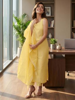 Gerua By Libas - Women Yellow Cotton Blend Stripes Kurta with Pant and Dupatta