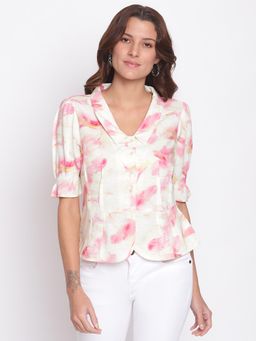 Latin Quarters - Floral Print Half Sleeve Casual Shirt Top Pink