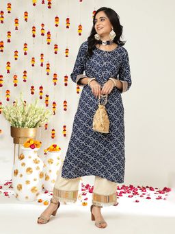Varanga - Women Workwear Navy Blue Viscose Bandhani Printed Kurta