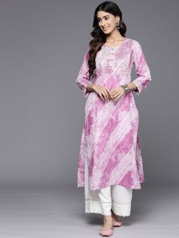 Varanga - Women Workwear Pink Cotton Tie & Dye Sequined Kurta