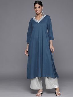 Varanga - Women Workwear Teal Cotton Embroidered And Mirror Work Kurta