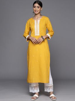 Varanga - Women Workwear Yellow Cotton Thread Work Embroidered Kurta