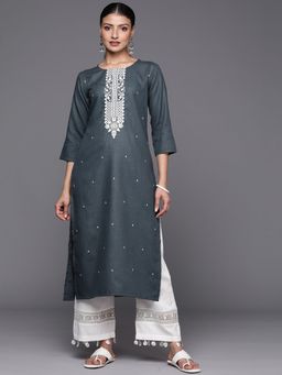 Varanga - Women Workwear Grey Cotton Thread Work Embroidered Kurta