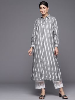 Varanga - Women Workwear Grey Cotton Ikat Printed Kurta