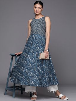 Varanga - Women Workwear Teal Cotton Floral Printed Anarkali Kurta