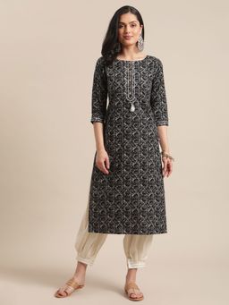 Varanga - Women Workwear Black Cotton Printed And Gota Work Kurta
