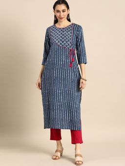 Varanga - Women Workwear Blue Cotton Stripes And Thread Work Kurta