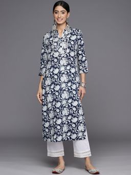 Varanga - Women Workwear Navy Blue Cotton Floral And Gota Work Kurta