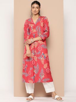 Varanga - Women Workwear Red Viscose Floral And Gota Work Kurta