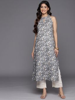 Varanga - Women Workwear Grey Cotton Floral Printed Kurta