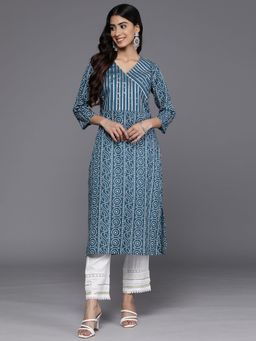 Varanga - Women Workwear Teal Cotton Printed And Gota Work Kurta