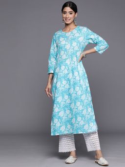 Varanga - Women Workwear Blue Cotton Floral And Gota Work Kurta
