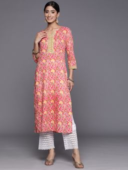 Varanga - Women Workwear Pink Cotton Floral Printed Kurta