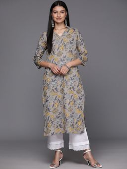Varanga - Women Workwear Grey Cotton Floral And Gota Work Kurta