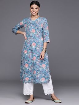 Varanga - Women Workwear Blue Cotton Floral Printed Kurta